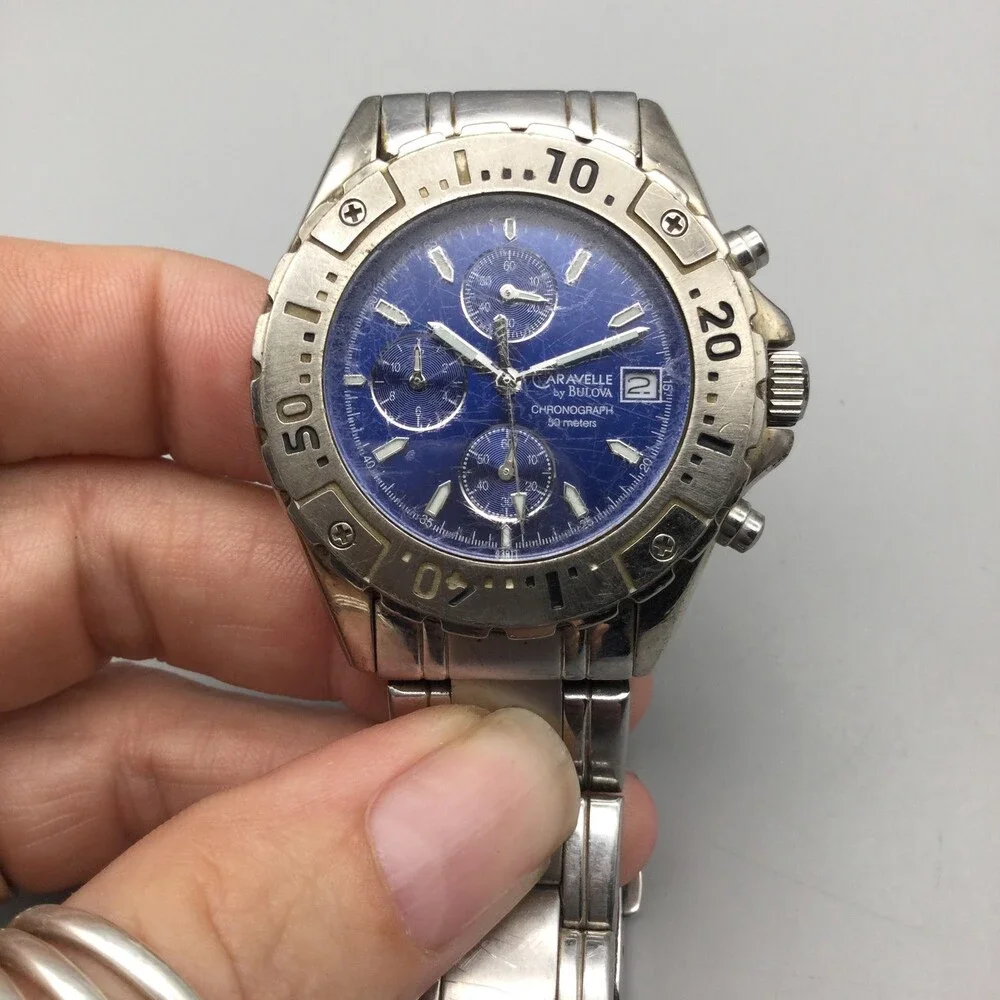 Caravelle By Bulova Mens Watch 39mm Blue Dial Chronograph New Battery 8.25